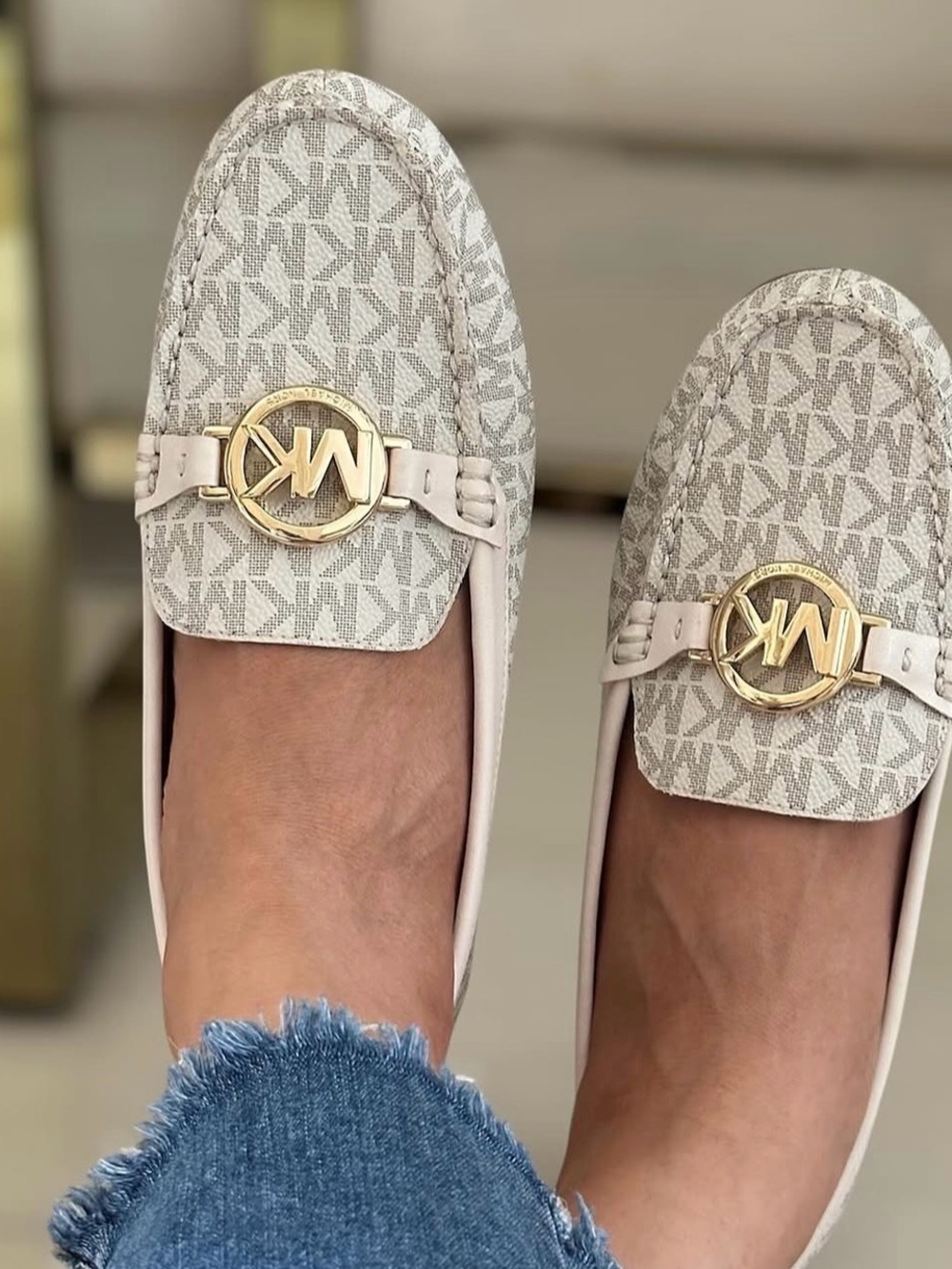 Michael Kors Cream Logo Moccasin Loafers with Gold MK Hardware 7.5